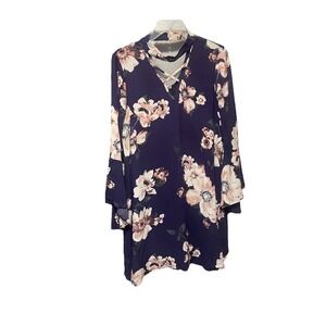 Floral Lined Short  dress Purple With Pockets 3/4 Wide Sleeves  Size Large